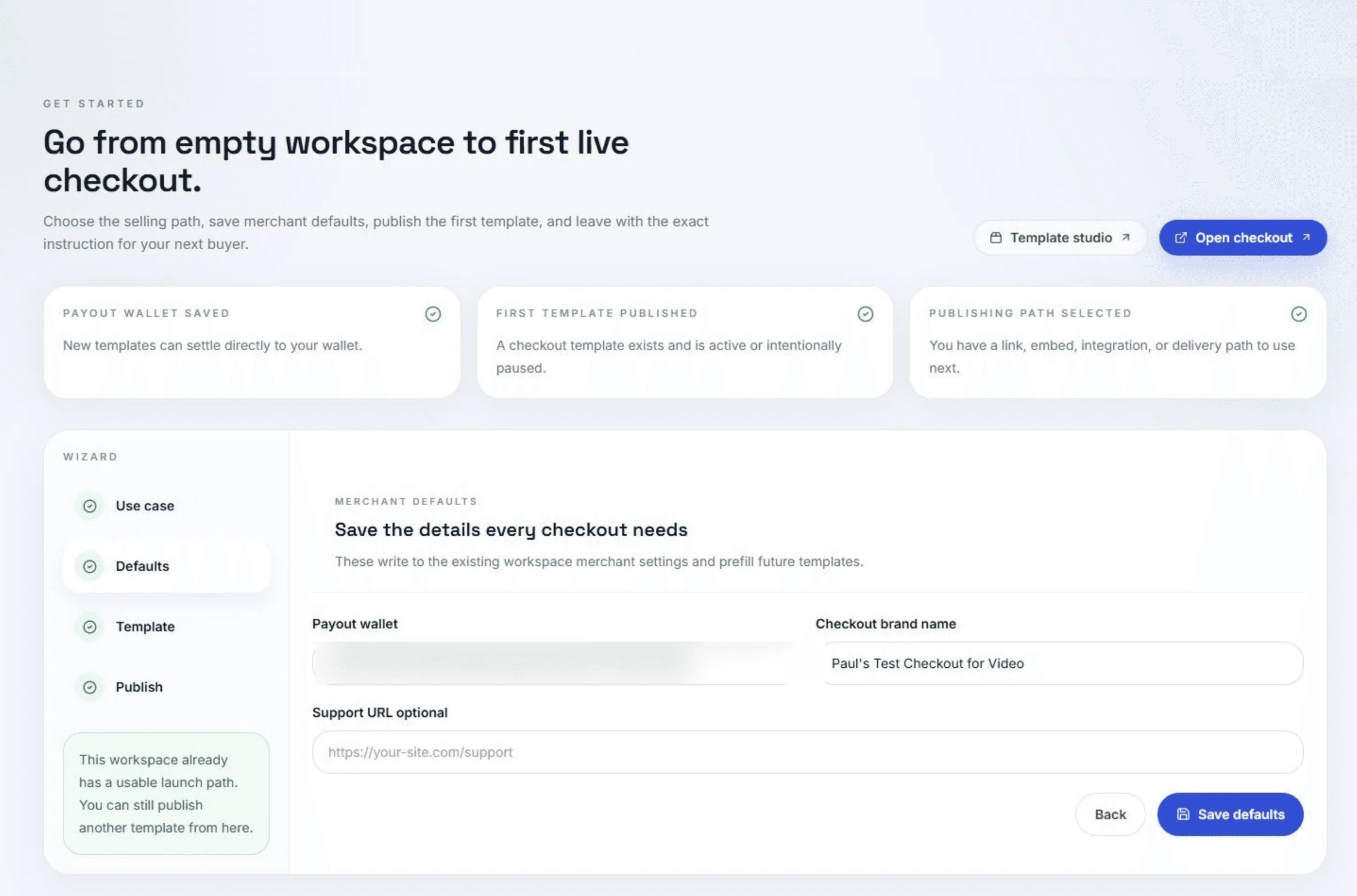 Hilt launch wizard defaults step for checkout details, payout wallet, and buyer handoff settings.