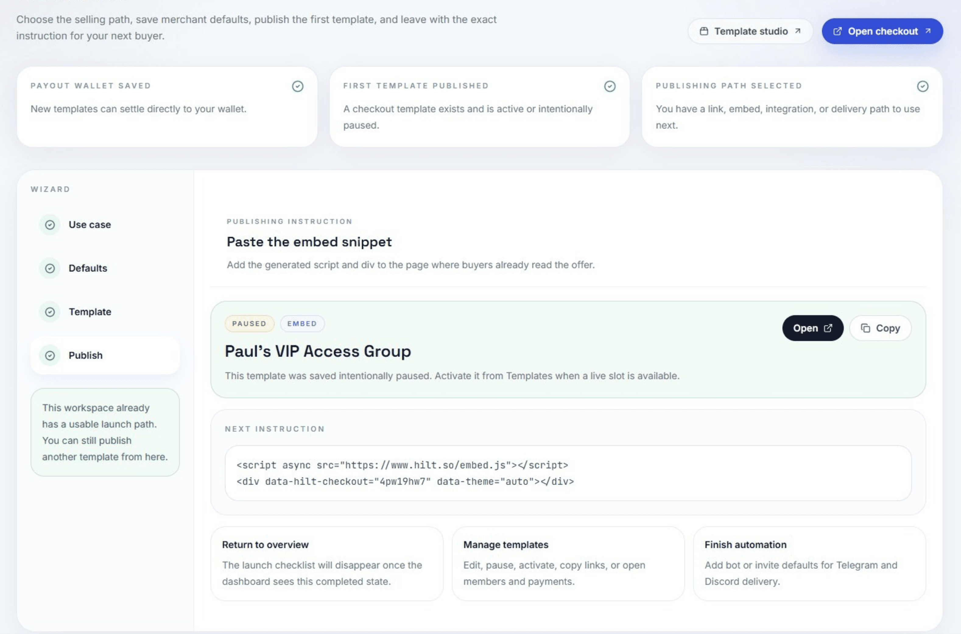 Hilt launch wizard publish step showing the final checkout and integration path.