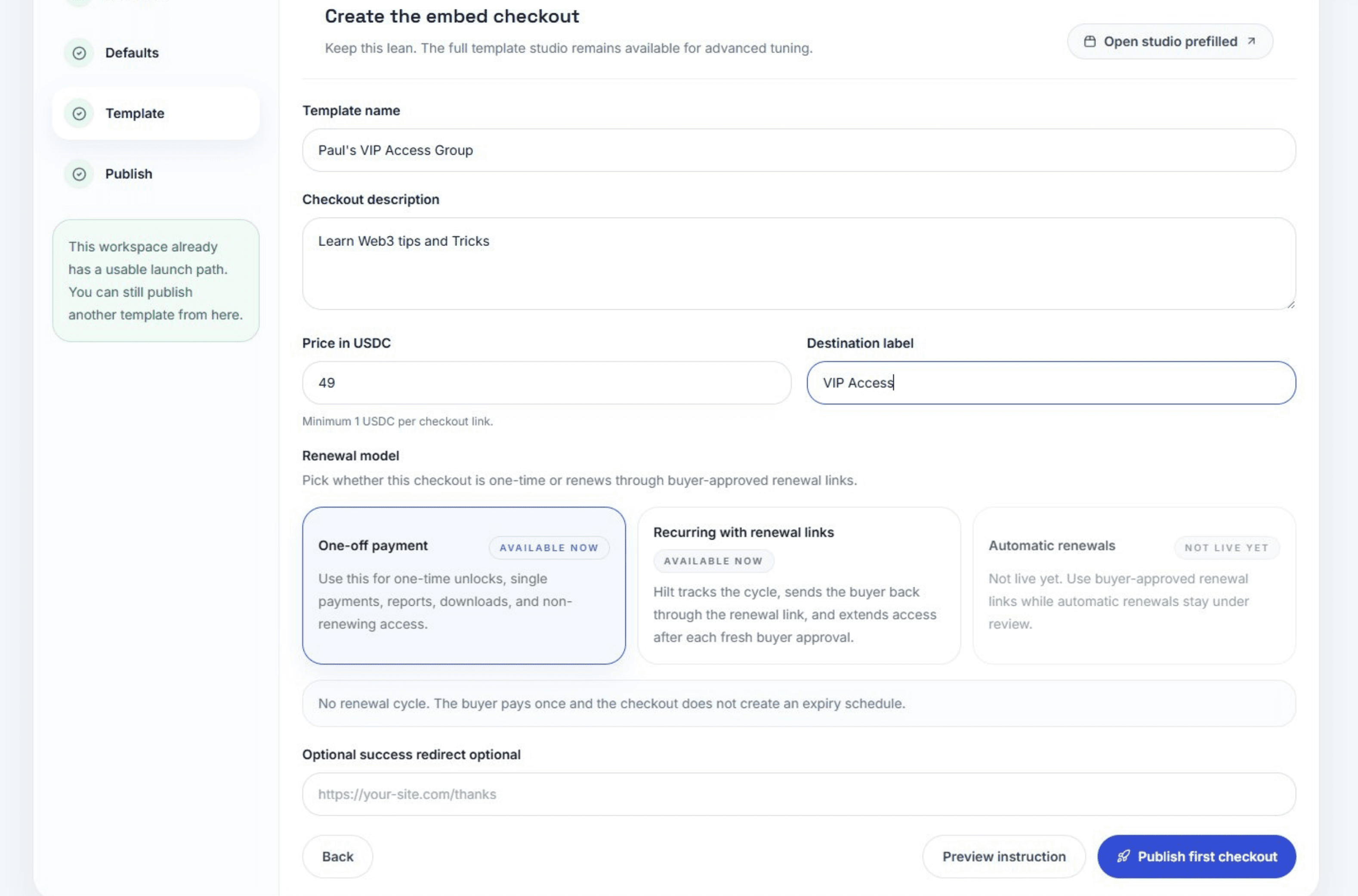 Hilt launch wizard template step for creating the first payment template.