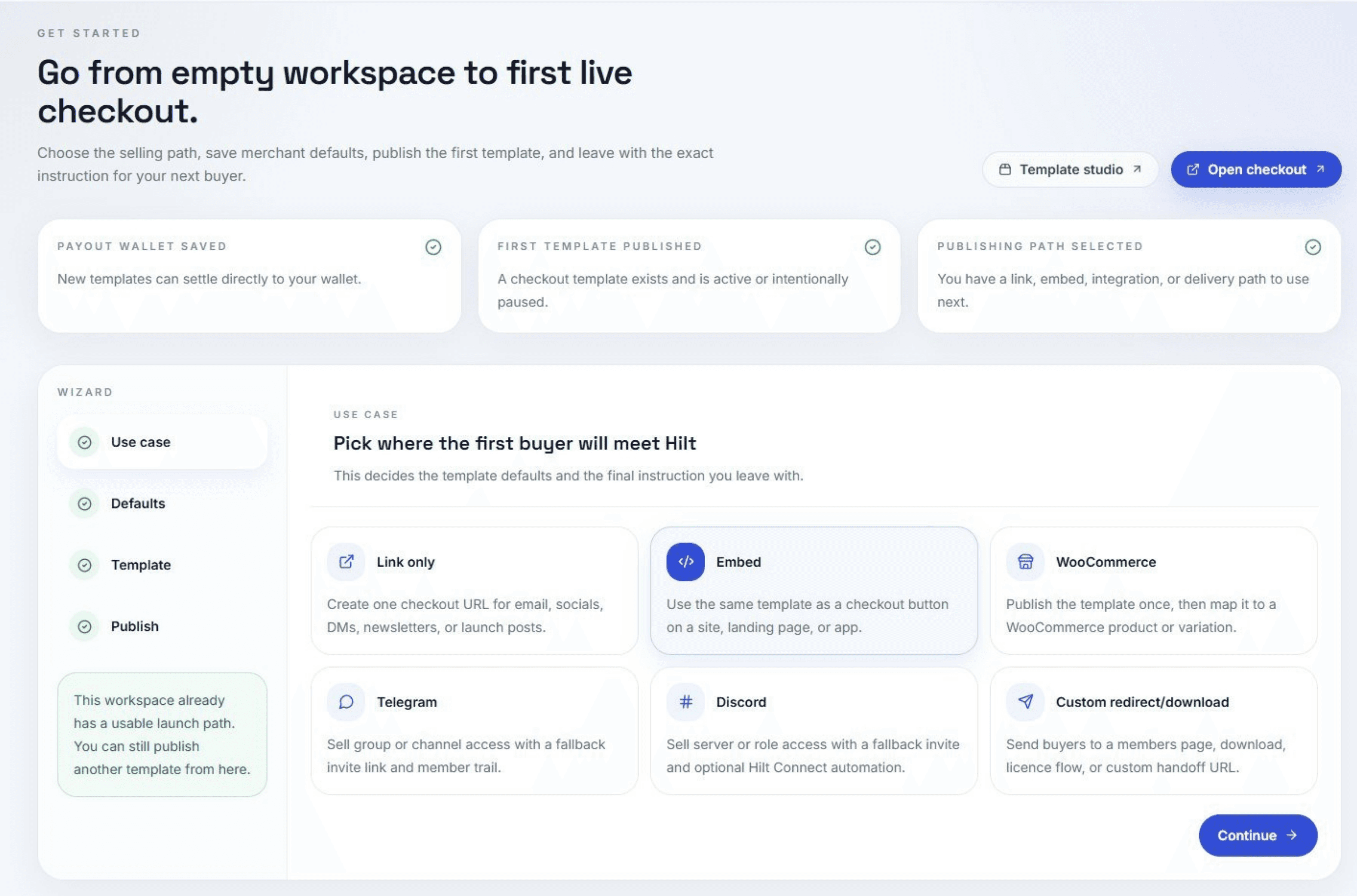 Hilt launch wizard use case step with link, embed, WooCommerce, Telegram, Discord, and custom handoff options.
