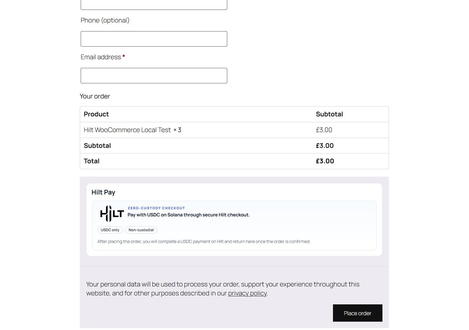 WooCommerce checkout showing Hilt Pay as a payment option.