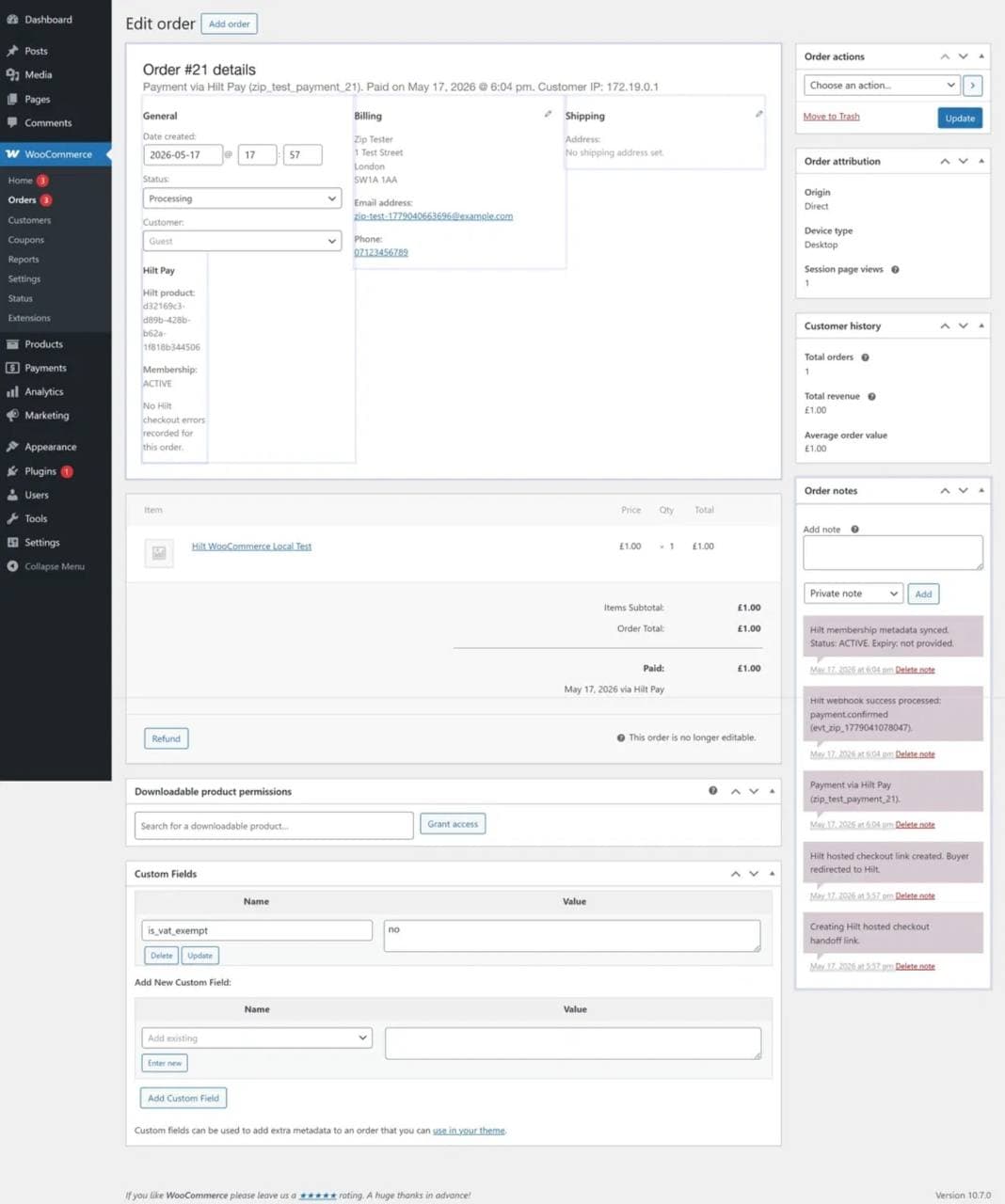 WooCommerce order screen showing Hilt payment and order metadata.