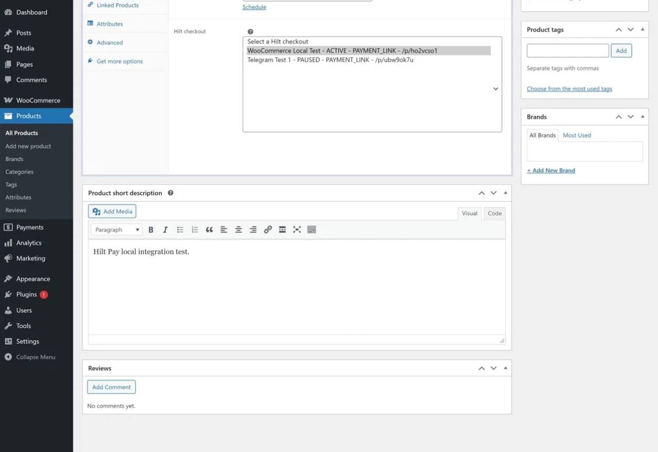 WooCommerce product edit screen with Hilt checkout product mapping.
