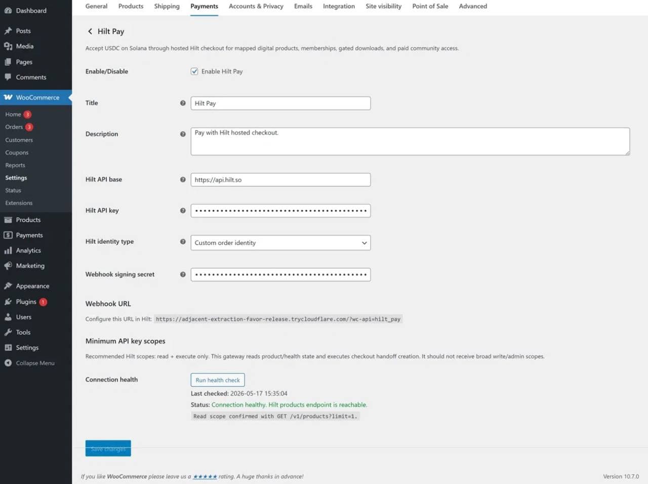 WooCommerce Hilt Pay settings showing API key, webhook secret, and payment gateway controls.